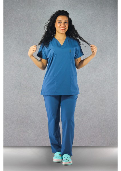 - Likralı V-Yaka Kadın Takım Üniforma - Indigo Mavisi