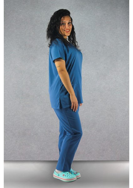 - Likralı V-Yaka Kadın Takım Üniforma - Indigo Mavisi fiyatları