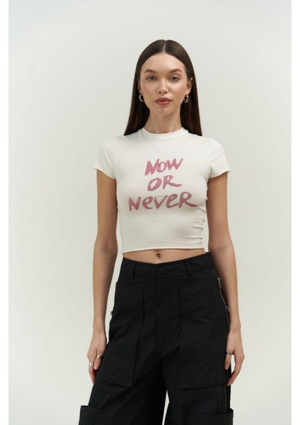 Collection Now Or Never Beyaz Penye Crop