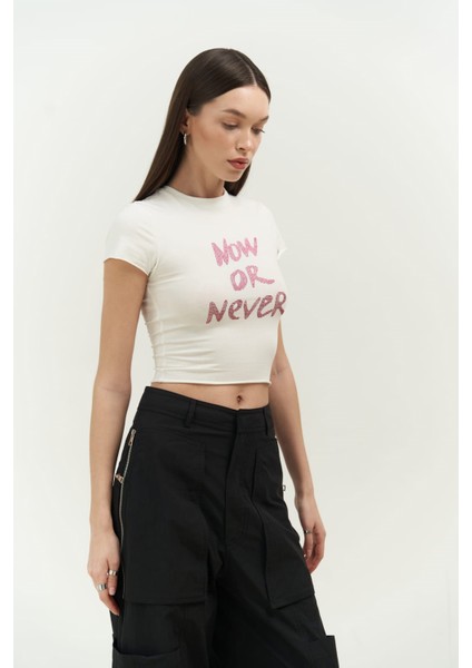 Collection Now Or Never Beyaz Penye Crop