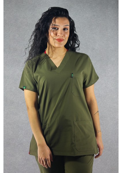 - Likralı V-Yaka Kadın Takım Üniforma - Haki Yeşili fırsatları