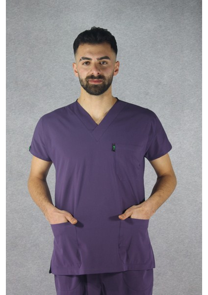 - Likralı V-Yaka Erkek Takım Üniforma - Mürdüm