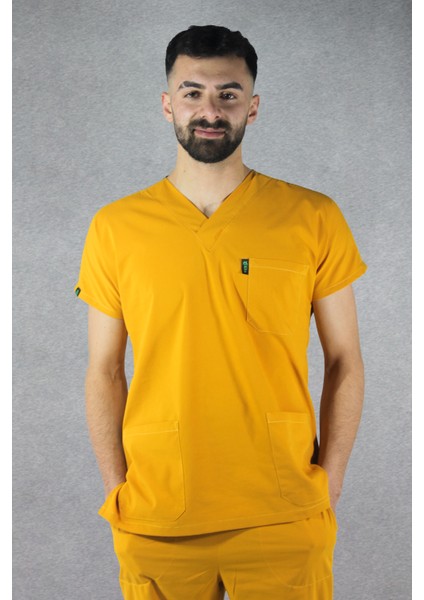 - Likralı V-Yaka Erkek Takım Üniforma - Hardal Sarısı