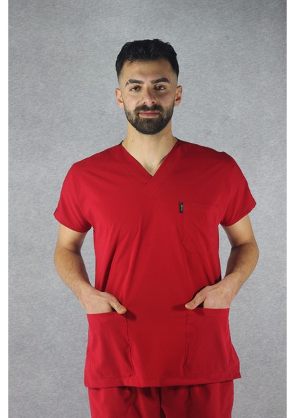 - Likralı V-Yaka Erkek Takım Üniforma - Kırmızı