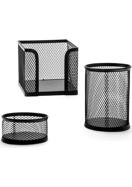 Metal Perfore Örgü Masaüstü 3'lü Tel Kalemlik Seti - Kalemlik , Küp Notluk , Ataşlık - Siyah