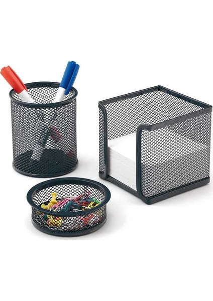 Metal Perfore Örgü Masaüstü 3'lü Tel Kalemlik Seti - Kalemlik , Küp Notluk , Ataşlık - Siyah fiyatları