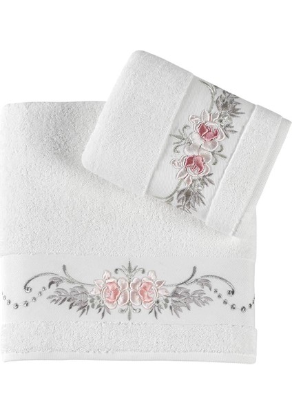 Eva Penye Nakışlı 2'li Banyo Havlu Seti (50*90+70*140) Tomurcuk Desen - Krem