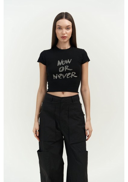 Collection Now Or Never Siyah Penye Crop