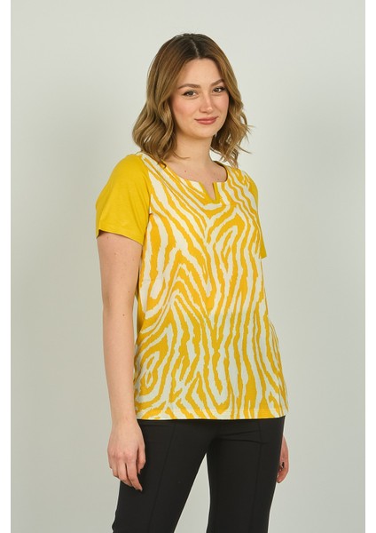 Kadın Zebra Desenli Kısa Kol Bluz 20E016 Sarı