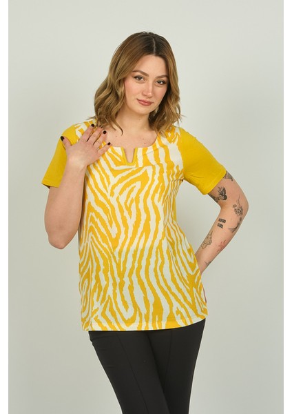 Kadın Zebra Desenli Kısa Kol Bluz 20E016 Sarı