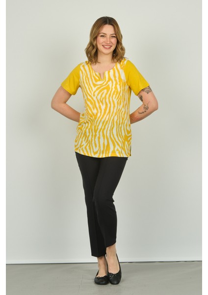 Kadın Zebra Desenli Kısa Kol Bluz 20E016 Sarı