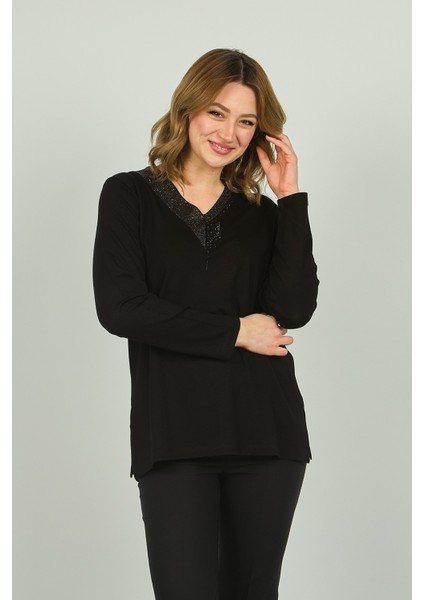 Kadın V Yaka Taş Süslemeli Uzun Kol Bluz 4588 Siyah modelleri