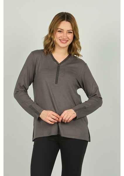 Kadın Kolları ve Yakası Işlemeli Uzun Kol Bluz 0507 Gri