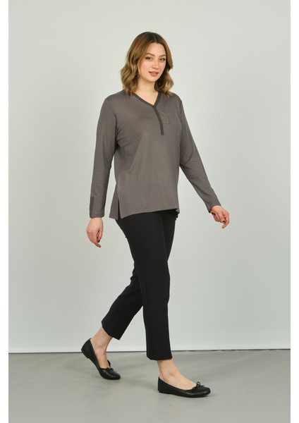 Kadın Kolları ve Yakası Işlemeli Uzun Kol Bluz 0507 Gri fiyatları