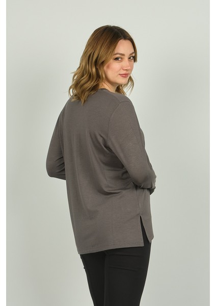 Kadın Kolları ve Yakası Işlemeli Uzun Kol Bluz 0507 Gri fırsatları