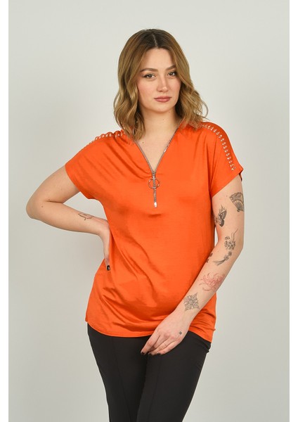 Kadın Fermuarlı Kısa Kol Bluz 20E038 Oranj