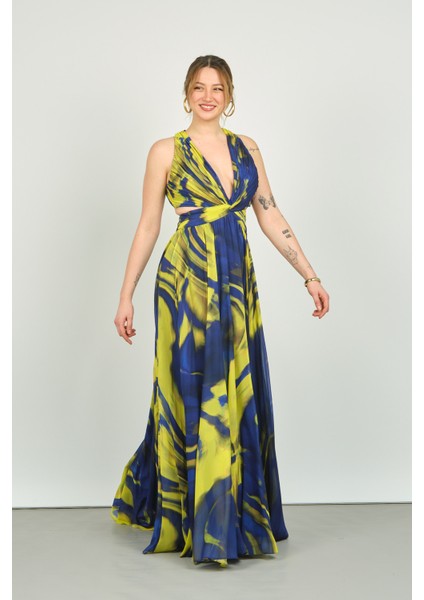 Kadın Desenli Şifon Abiye Elbise 8108 Saks