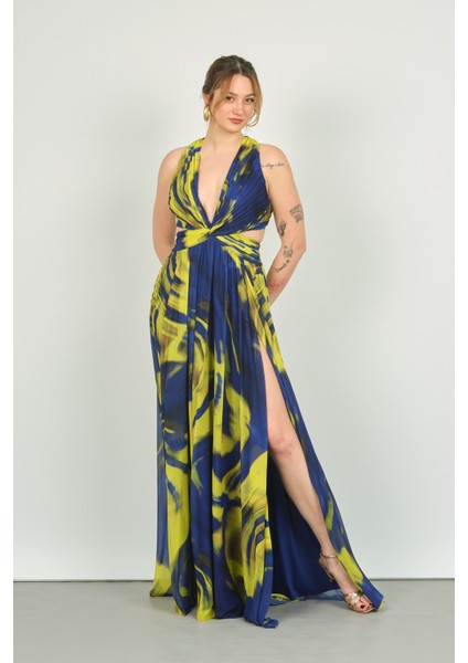 Kadın Desenli Şifon Abiye Elbise 8108 Saks modelleri