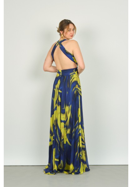 Kadın Desenli Şifon Abiye Elbise 8108 Saks fırsatları