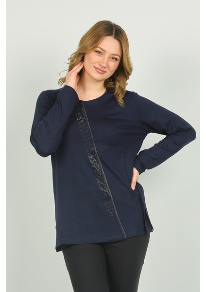 Kadın Bisiklet Yaka Taş Işlemeli Uzun Kol Bluz 4565 Lacivert