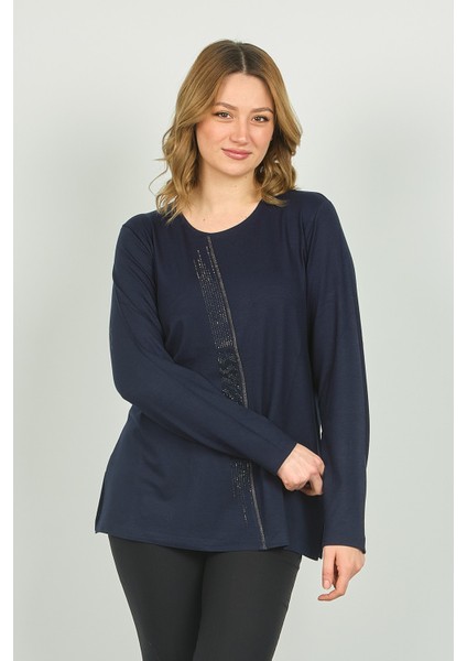 Kadın Bisiklet Yaka Taş Işlemeli Uzun Kol Bluz 4565 Lacivert fiyatları