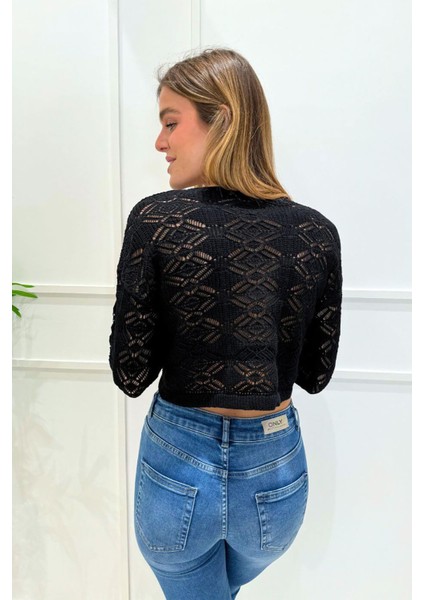 Kadın Onldana V Yaka Delik Desenli Örme Crop Hırka 15318445 Siyah modelleri