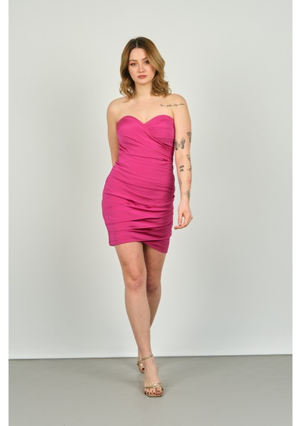 Kadın Straplez Mini Abiye Elbise 5437975 Fuşya modelleri