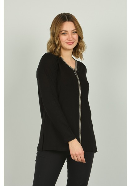 Kadın V Yaka Taş Detaylı Uzun Kol Bluz 4506 Siyah