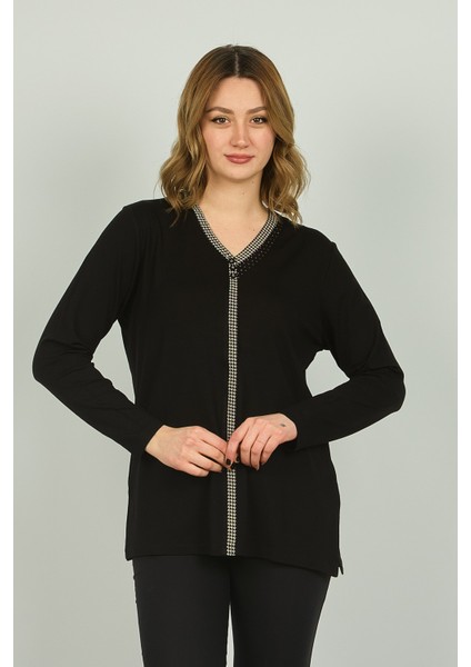 Kadın V Yaka Taş Detaylı Uzun Kol Bluz 4506 Siyah fiyatları