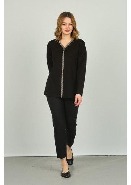 Kadın V Yaka Taş Detaylı Uzun Kol Bluz 4506 Siyah modelleri