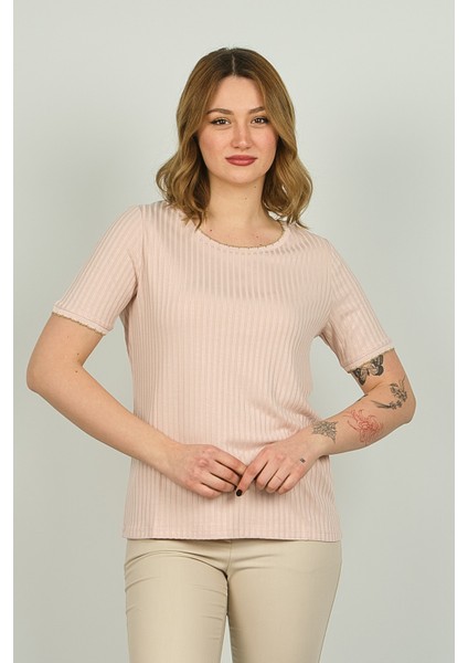Kadın Çizgili Bisiklet Yaka Kısa Kol Bluz 1E027 Pudra