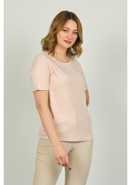 Kadın Çizgili Bisiklet Yaka Kısa Kol Bluz 1E027 Pudra fiyatları