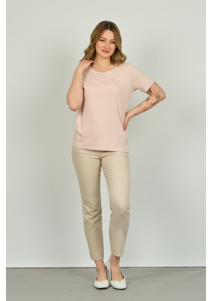 Kadın Çizgili Bisiklet Yaka Kısa Kol Bluz 1E027 Pudra modelleri