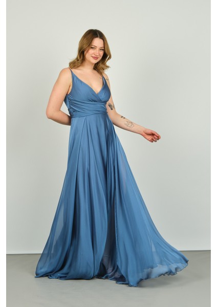 Kadın Kruvaze Yaka Şifon Abiye Elbise 4078 Indigo fiyatları