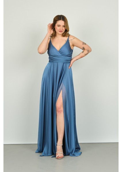 Kadın Kruvaze Yaka Şifon Abiye Elbise 4078 Indigo modelleri