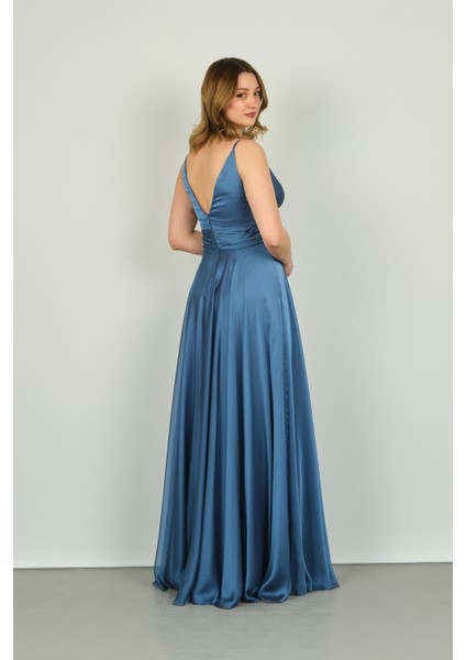 Kadın Kruvaze Yaka Şifon Abiye Elbise 4078 Indigo fırsatları