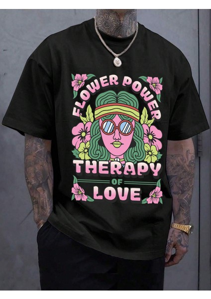 Comfort Siyah Bol Kesim Baskılı %100 Pamuk T-Shirt