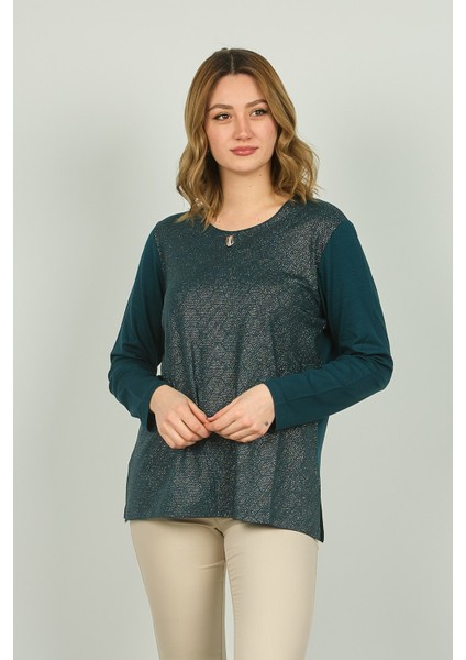 Kadın Önü Parlak Kumaş ve Desenli Uzun Kol Bluz 4589 Zümrüt