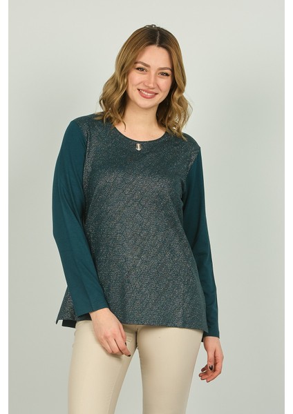 Kadın Önü Parlak Kumaş ve Desenli Uzun Kol Bluz 4589 Zümrüt fiyatları