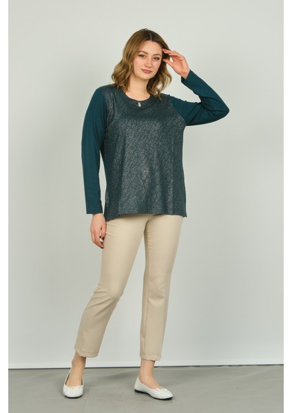 Kadın Önü Parlak Kumaş ve Desenli Uzun Kol Bluz 4589 Zümrüt modelleri
