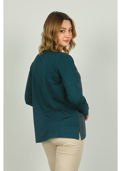 Kadın Önü Parlak Kumaş ve Desenli Uzun Kol Bluz 4589 Zümrüt fırsatları