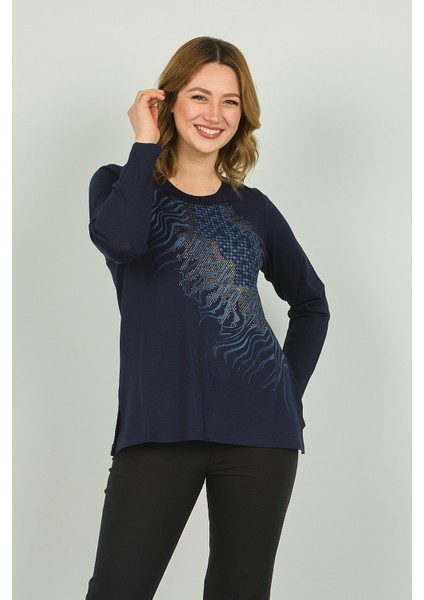 Kadın Desenli Uzun Kol Bluz 4541 Lacivert