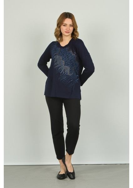 Kadın Desenli Uzun Kol Bluz 4541 Lacivert modelleri