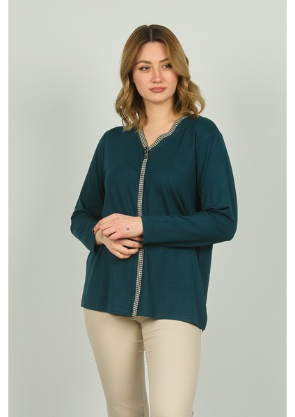 Kadın V Yaka Taş Detaylı Uzun Kol Bluz 4506 Zümrüt