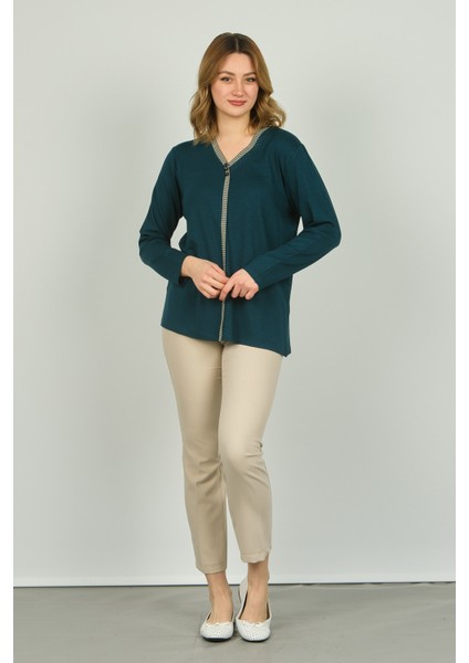 Kadın V Yaka Taş Detaylı Uzun Kol Bluz 4506 Zümrüt fiyatları