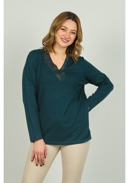 Kadın V Yaka Taş Süslemeli Uzun Kol Bluz 4588 Zümrüt