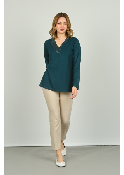 Kadın V Yaka Taş Süslemeli Uzun Kol Bluz 4588 Zümrüt modelleri