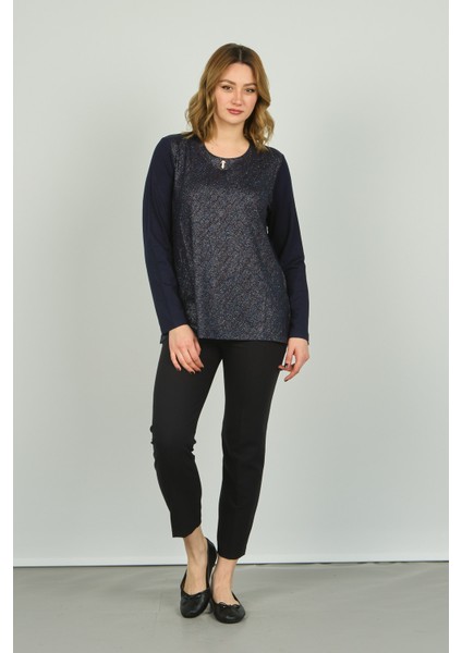 Kadın Önü Parlak Kumaş ve Desenli Uzun Kol Bluz 4589 Lacivert fiyatları