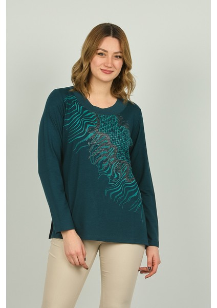 Kadın Desenli Uzun Kol Bluz 4541 Zümrüt