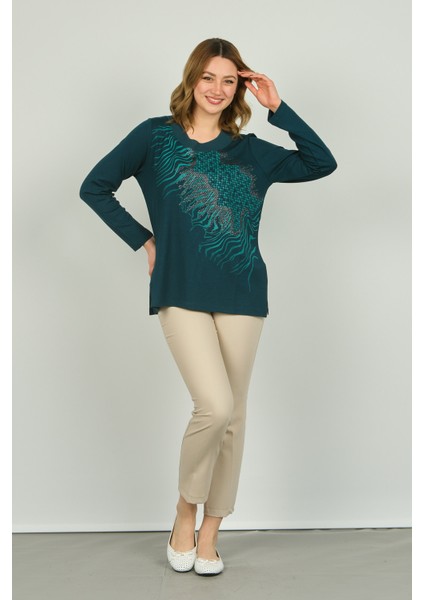Kadın Desenli Uzun Kol Bluz 4541 Zümrüt fiyatları